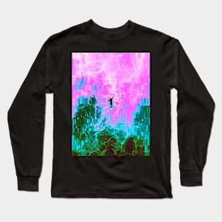 Surfer in the Ocean Glitch Art Long Sleeve T-Shirt